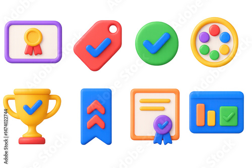 3D icon set of certification and credentials: digital diploma badge, accredited course tag, verified badge icon, skill badge collection, exam pass trophy, learning path ribbon, course series