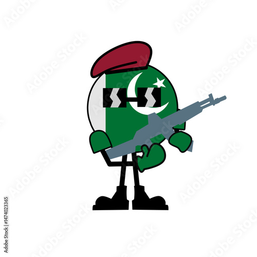 An illustration of Pakistan flag in cute character army with gun 