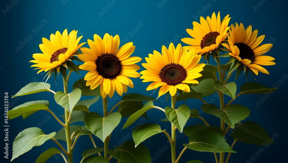 Obraz premium Vibrant Sunflowers in Full Bloom, A Captivating Display of Nature's Beauty Against a Deep Teal Canvas, Radiating Warmth and Joy Through Their Bright Yellow Petals