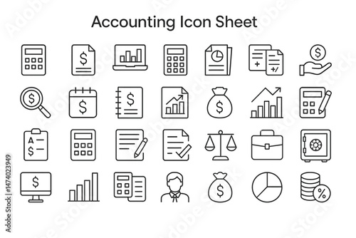 Accounting Icon Sheet: A set of line art accounting icons in a grid on a clean, clear background. Including the essentials for financial work.