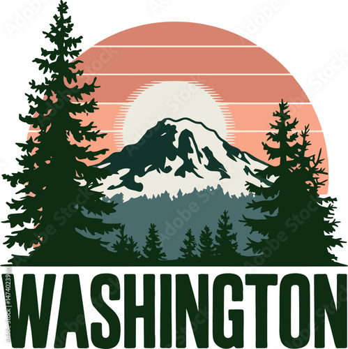 Washington Mountain Landscape Retro Vector – Nature Travel Poster Design
Vintage-inspired vector design featuring a scenic Washington state landscape with towering evergreen trees, snow-capped mountai