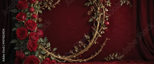Deep crimson roses & gilded vines on a plush velvet backdrop, colors, regal, pattern