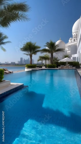 Luxury swimming pool overlooking ocean with palm trees and distant city skyline under clear blue sky on a sunny day. Resort relaxation.