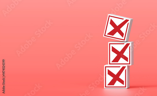 Cross icon stacked on red background. concept of prohibition disapproval and rejection. with copy space and business design. 3D rendering illustration