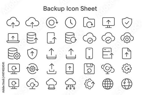 Data Backup Icon Set: A comprehensive array of modern icons related to data backup, encompassing cloud storage, data recovery, and file synchronization.