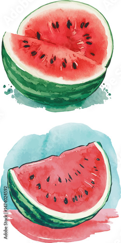 Watercolor vector illustration of juicy watermelon slices. Hand-painted fruit design in aquarelle style with fresh red and green tones, ideal for summer-themed designs, 