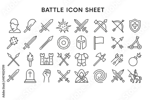 Battle Icon Sheet: A collection of detailed, line art icons representing various elements of battle, suitable for game development, historical illustration, or thematic design projects.