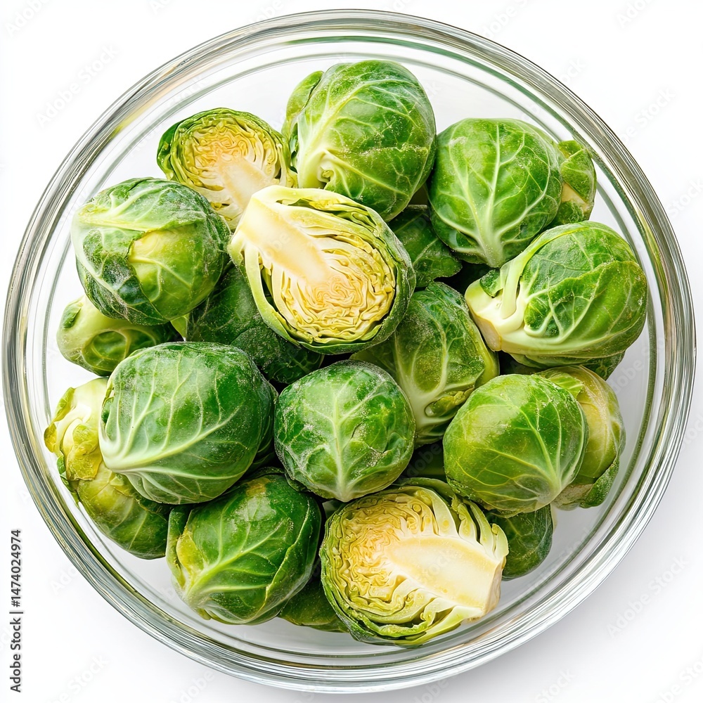 Obraz premium Fresh brussels sprouts in a clear bowl.