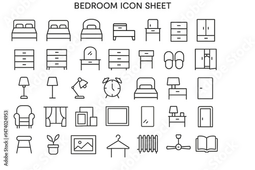 Bedroom Essentials: An orderly and comprehensive sheet of bedroom icons and a selection of furniture and decor items, perfectly depicting a detailed set for interior design.