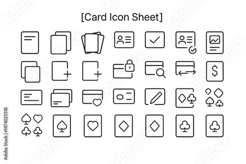 Card Icon Sheet: A comprehensive collection of minimalist card icons, perfect for UI design projects.  Includes various types of cards: credit cards, business cards, identification cards.