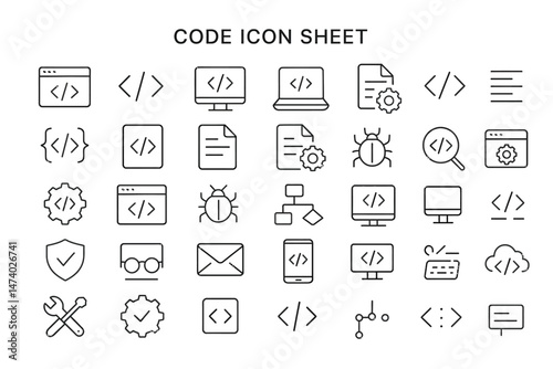 Coding Icons: A comprehensive and visually appealing array of coding-related icons, meticulously designed to represent various aspects of software development and programming.