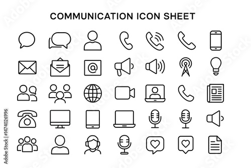 Communication Icon Sheet: A comprehensive array of communication icons, neatly arranged on a simple template, offering a visual guide to essential methods of digital interaction.