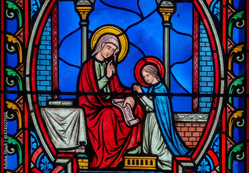 Fototapeta premium Stained glass (19th century) of Virgin Mary with her mother St. Anne.