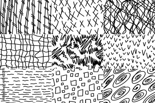 Hand-drawn line textures. Scribbles, horizontal and wavy strokes. Different types of hatching