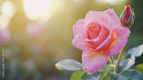 Beautiful pink rose with dew drops glistening sunlight, surrounded by lush green leaves, evokes sense of tranquility