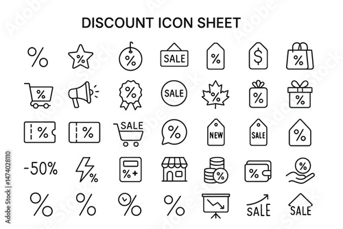 Discount Icon Set: A comprehensive and versatile collection of minimalist line icons representing various discount and sale concepts. The set includes symbols such as percentages, price tags.
