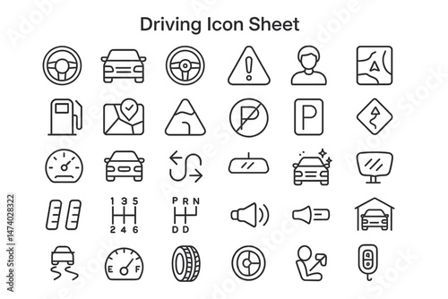 Driving Icon Sheet: A comprehensive collection of minimalistic black and white illustrations, perfectly detailing various driving-related concepts and elements for your convenience.