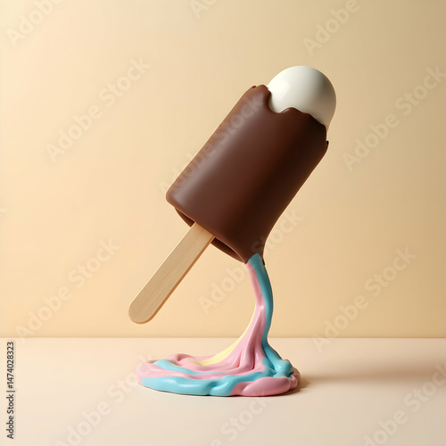 Whimsical Delight, A Chocolate-Coated Ice Cream Pop Sculpture Melts into a Pool of Pastel Hues, Creating a Surreal and Dreamlike Composition