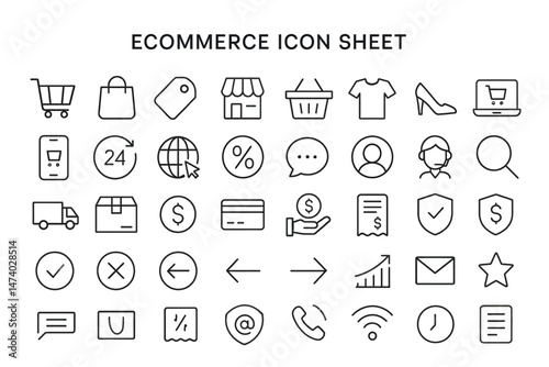 E-commerce Icon Sheet: An extensive assortment of e-commerce symbols, ideally created for a variety of online shopping.