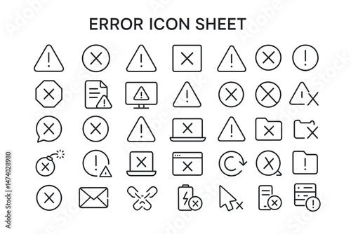 Error Icon Sheet: A meticulously curated collection of error icons, representing a variety of warnings, alerts, and critical notices, perfect for user interfaces, digital designs.