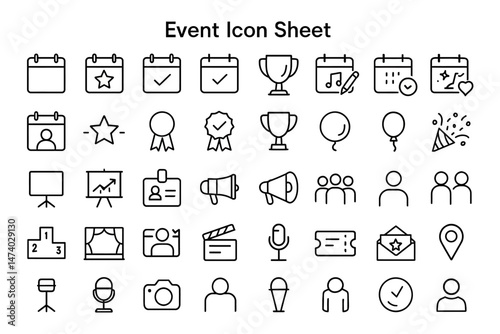 Event Icon Sheet: A comprehensive icon sheet presents a variety of event-related symbols and elements, offering a versatile toolkit for design projects.