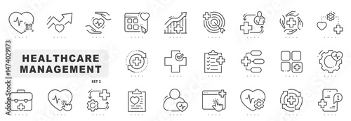Set of health carte management related line icons. Diagnosis, monitoring, record etc. Editable stroke. Set 2