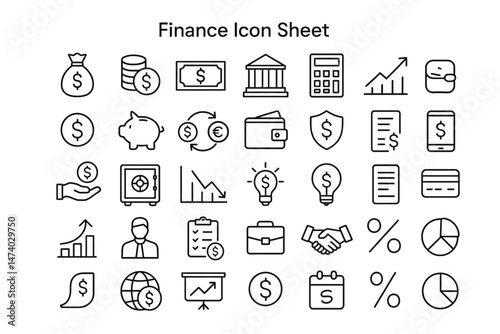 Financial Icons: A comprehensive set of minimalist financial icons, perfect for visual representations of economic concepts and financial strategies, designed for modern applications.