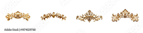Four gilded baroque corner frame elements, ornate style, cut out transparent