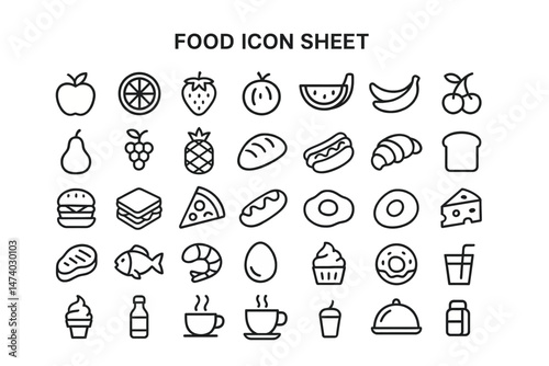 Variety of Food Icons: A vibrant collection of meticulously crafted line icons, showcasing a diverse array of delectable foods and beverages.