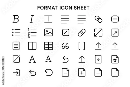 Formatting Icons: A visually organized sheet of various format icons for digital media, symbolizing style and control, ideal for web design and user interface elements.
