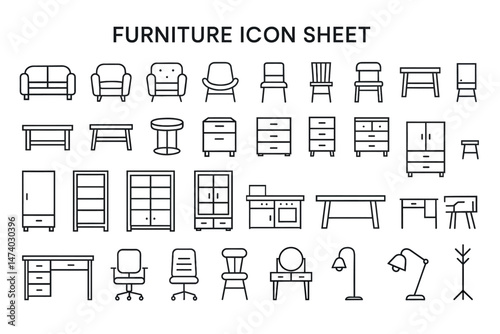 Furniture Icon Sheet: A comprehensive collection of simple, stylish furniture icons, perfect for interior design projects and graphic design needs. 