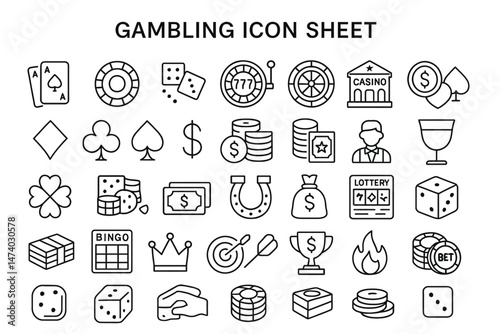 Gambling Icon Sheet: A comprehensive collection of line art icons related to gambling, casinos, and luck. Perfect for websites, apps, and presentations. photo