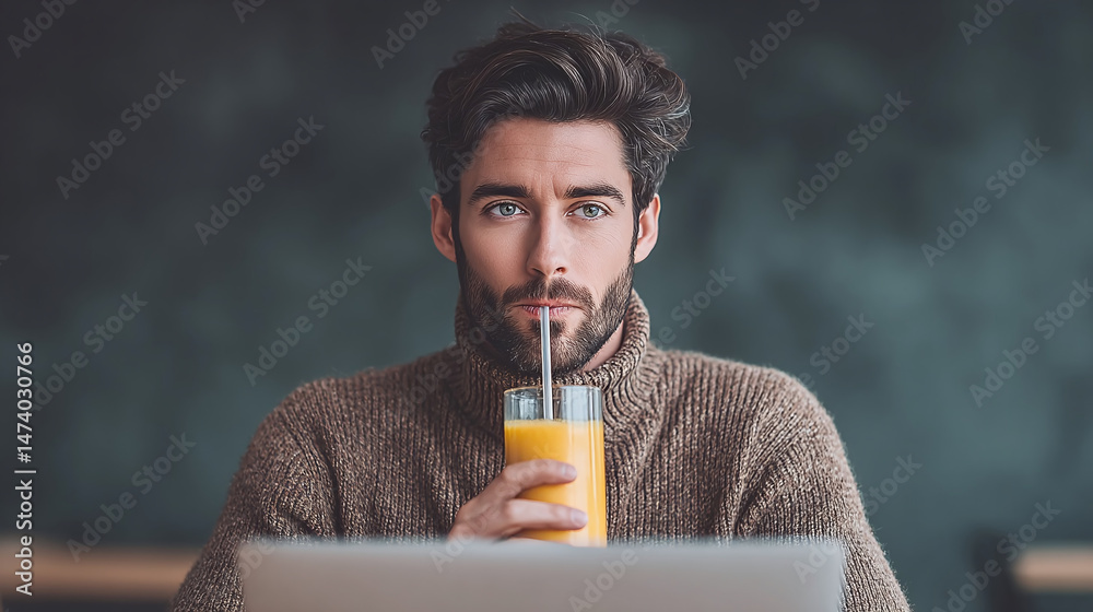Fototapeta premium Man Drinking Juice in a Cafe