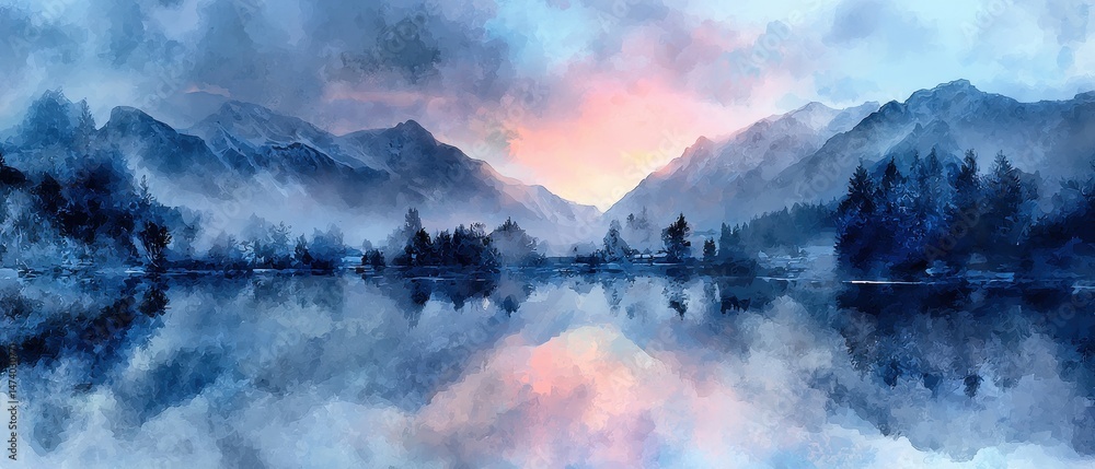 Fototapeta premium Tranquil landscape with mountains and a reflective lake, bathed in soft blue and pink hues at dawn.