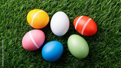 Colorful Easter eggs on green grass, Painted eggs in a circle outdoors, Holiday decoration for spring celebration concept