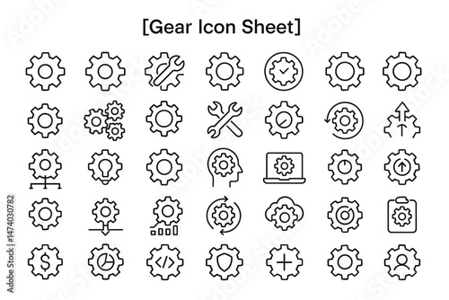 Gear Icon Sheet: A collection of diverse gear icons are neatly arranged. Each icon represents functionality and design, perfect for projects focused on technology and mechanics.