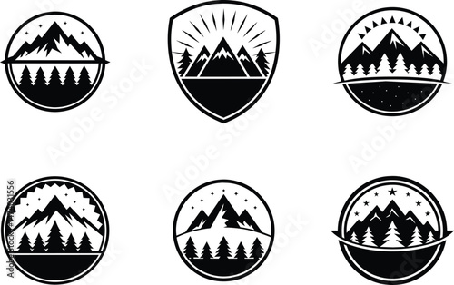Mountain Logo Nature Picture Trees Vintage Concept, Retro Outdoor Emblem, Wilderness Adventure Art