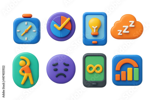 3D icon set of rest and recovery for creators: mini nap timer icon, deep rest planner badge, passive inspiration hour icon, mind-wandering zone, body stretch tracker, mental fatigue signal, creative