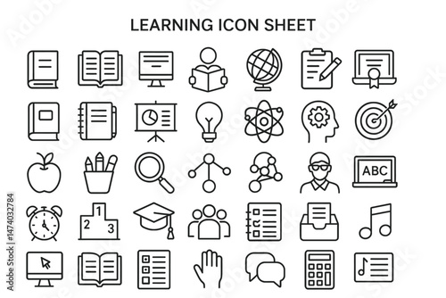 Learning Icons Sheet: An extensive collection of line icons representing various learning and education concepts.  Perfect for use in presentations, websites, and educational materials.