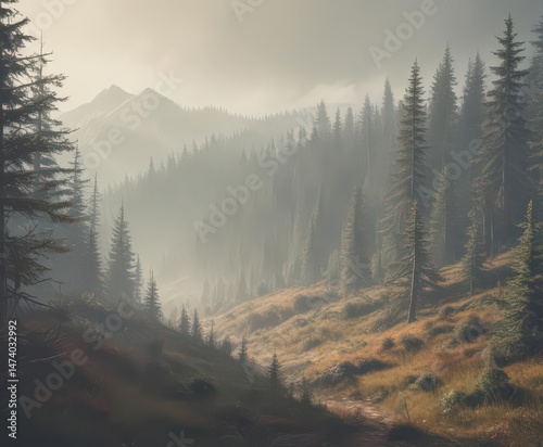 Misty mountain fir forest, vintage faded tones, forest, dark, trees