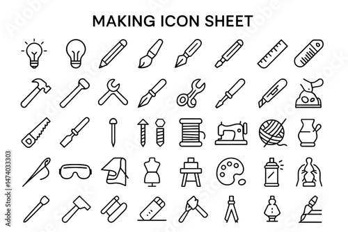 Crafting Icons Collection: A detailed icon sheet featuring a wide range of tools and objects used in crafts and creation. Depicting a variety of instruments used for making.
