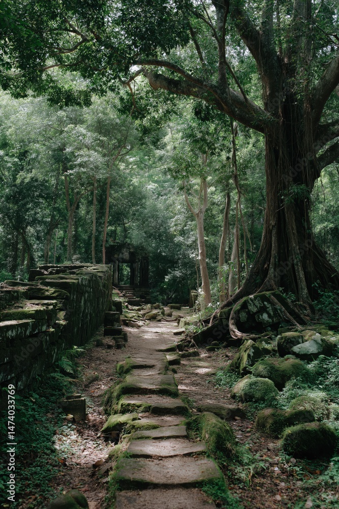 Ancient stone path through lush forest with towering trees and moss-covered rocks Ancient stone path through lush forest with towering trees and moss-covered rocks