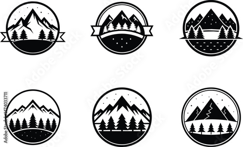Mountain Logo Nature Picture Trees Vintage Concept, Retro Outdoor Emblem, Wilderness Adventure Art