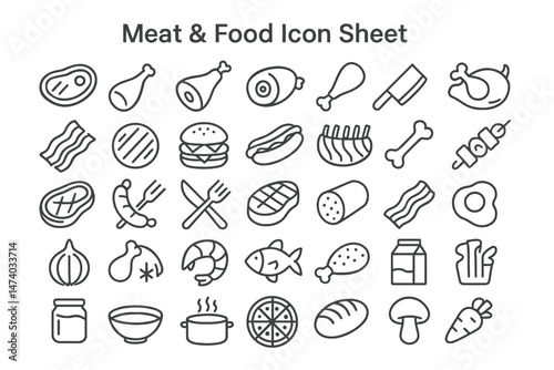 Meat and Food Icon Sheet: A comprehensive set of black and white line icons, illustrating various meats and food items with clean, graphic aesthetics, ideal for culinary and food-related design.