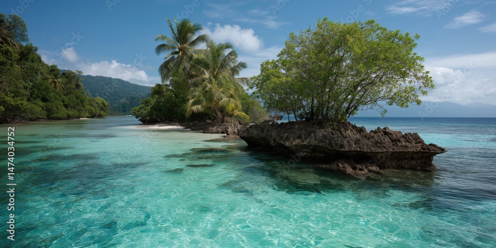 Obraz premium Tropical paradise: crystal clear waters and lush greenery on a secluded island