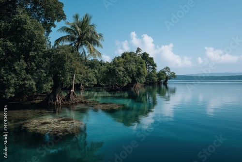 Pristine tropical coastal scene with mangroves and clear blue water under bright sky