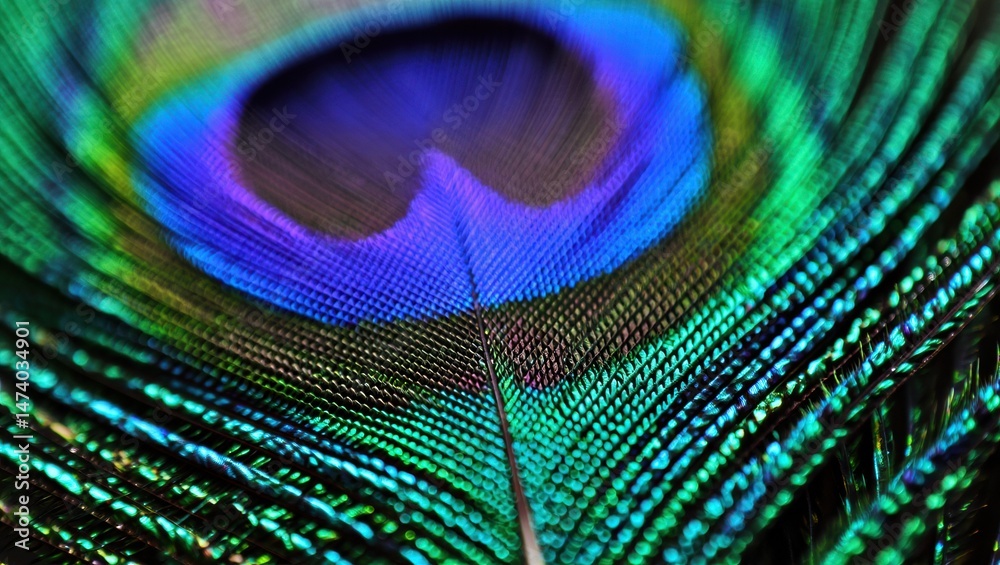 Naklejka premium Vibrant peacock feather close-up with iridescent blue and green patterns