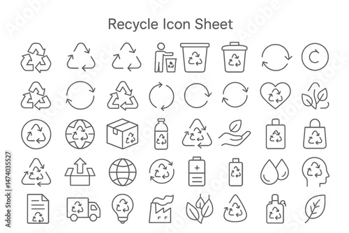 Recycle Icons: Set of vector icons represents a wide variety of actions related to recycling and environmental conservation. Ideal for illustrating concepts such as recycling, upcycling.