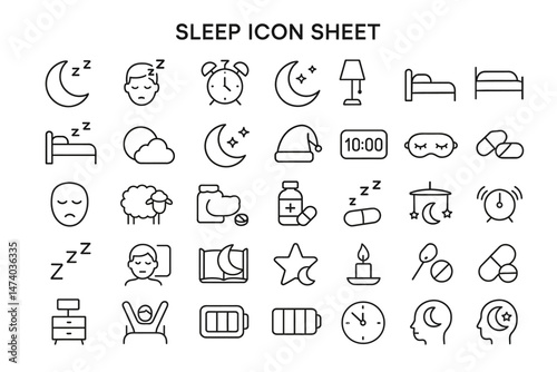 Dreamland Icon: A comprehensive set of sleep-related icons, ranging from crescent moons and sleeping faces to bedside lamps and alarm clocks, representing the world of rest and dreams.