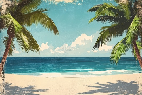 Vintage tropical beach scene with palm trees.